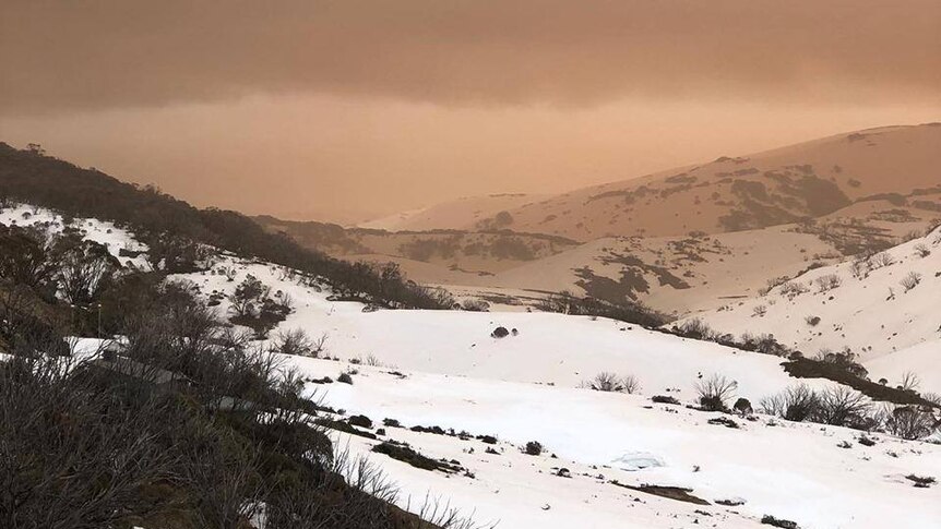 Image of dust hovering above snow in the Snowy Mountains. The sky is red with dust.