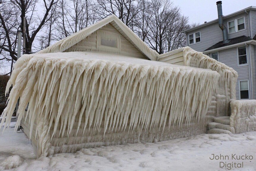 House covered in ice near Lake Ontario