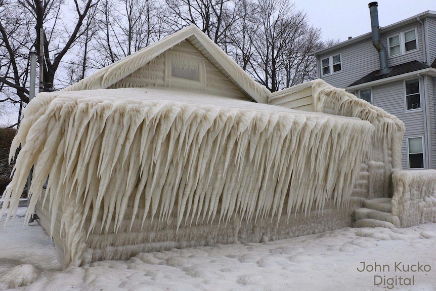 House covered in ice near Lake Ontario