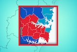 Map of inner city Sydney over the top of NSW showing the result of the 2022 election 