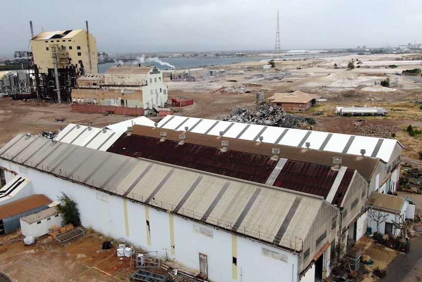 An aerial view of a disused factory.