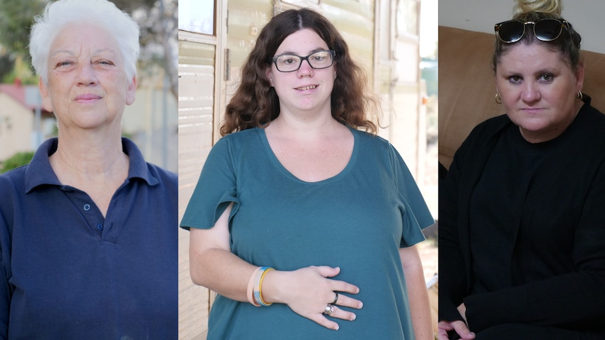 Three women stand in a spread 