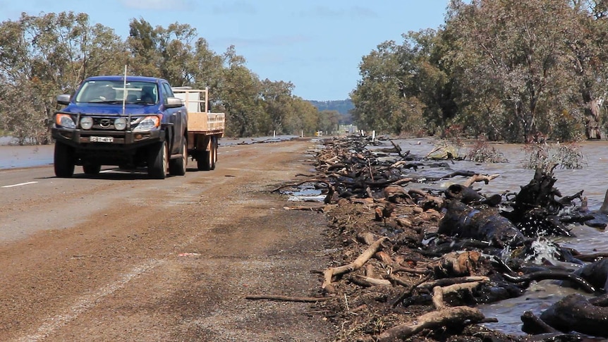 Car drives beside flood debris - branches washed up on the highway.