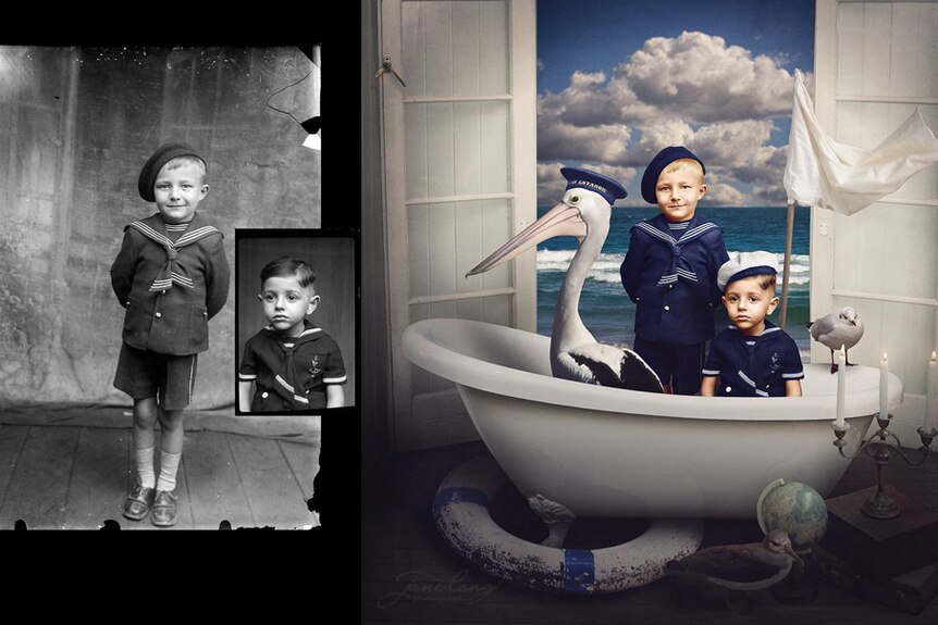 Photograph entitled All Hands on Deck shows two young boys matched together in a bathtub at sea.