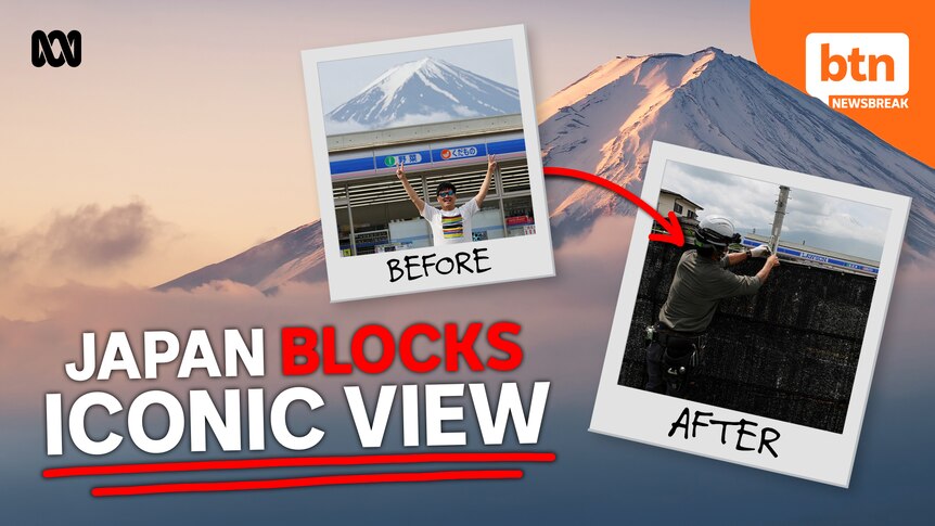 A photo of Mt Fuiji and two polaroid-style photos of before and after the view was blocked by authorities.