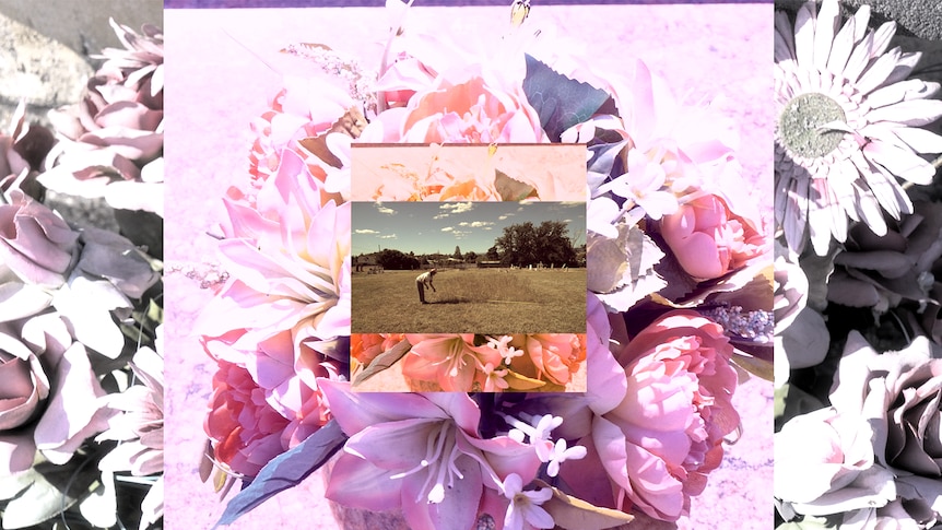 A video made up of fragmented images of flowers, and a woman taping off an area of grass in the centre.