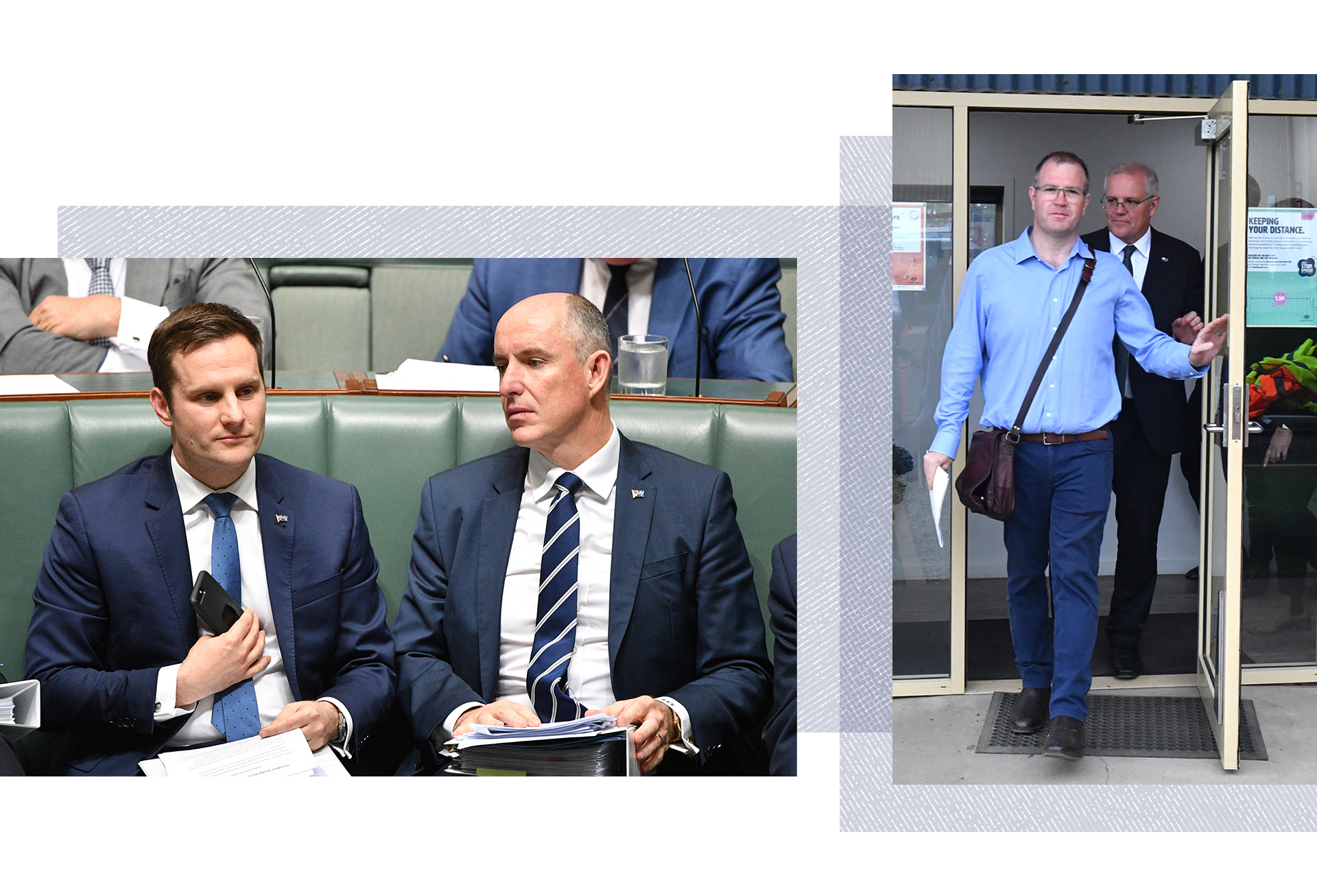 Alex Hawke and Stuart Robert sitting in parliament beside a photo of Ben Morton and Scott Morrison walking out of a building.