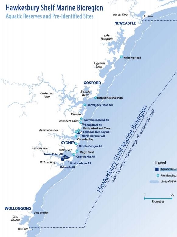 A map showing the extent of the Hawkesbury Shelf marine bioregion.