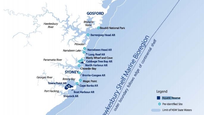 A map showing the extent of the Hawkesbury Shelf marine bioregion.