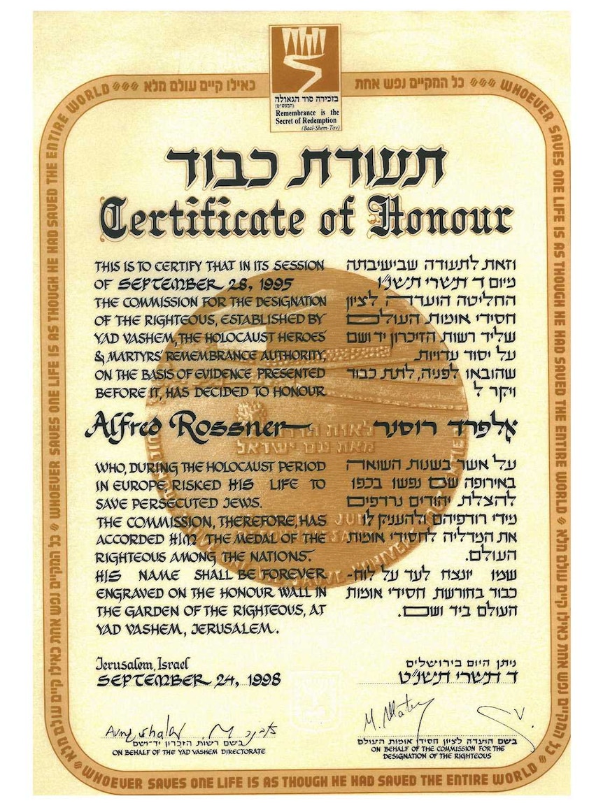 Copy of Certificate of Righteous Among the Nations.