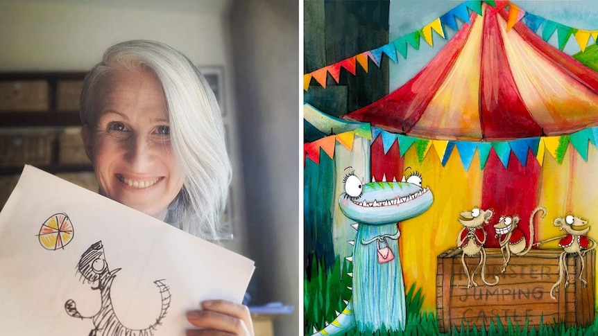 A smiling woman with short white hair holds a drawing of a dog, beside a drawing of a circus tent.