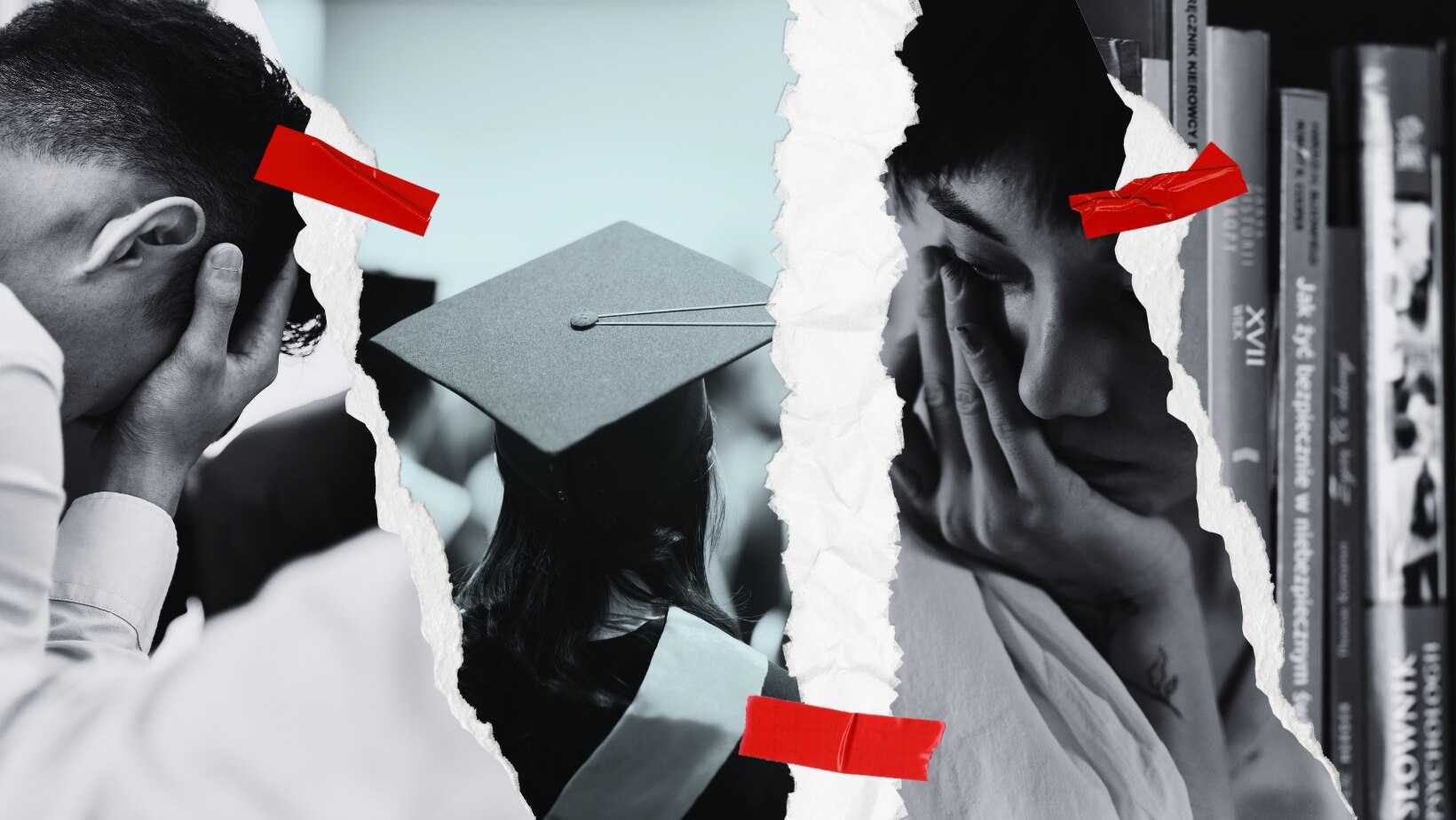 Multiple photos of people with their heads in their hands. 