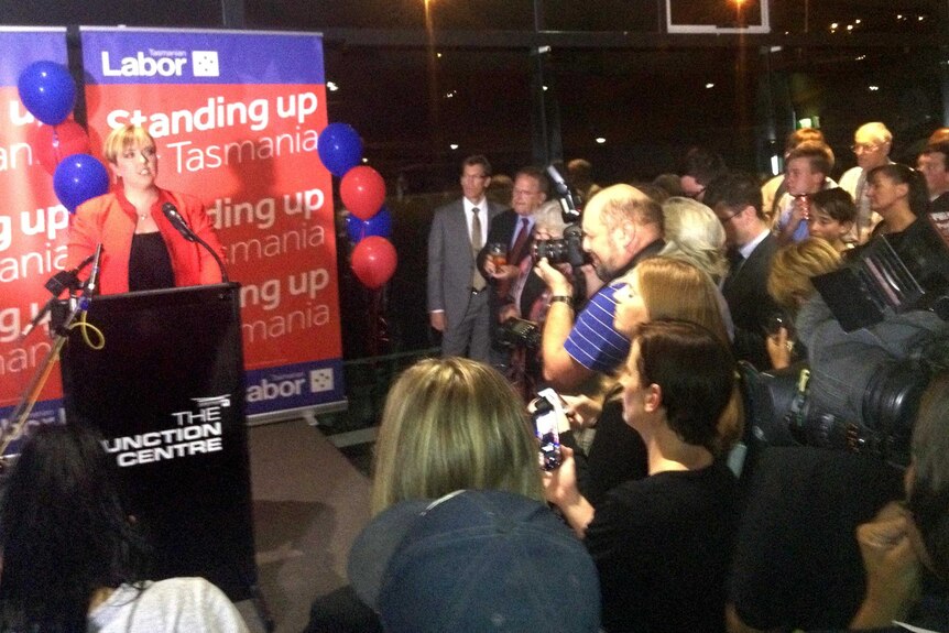 Outgoing Tasmanian Premier Lara Giddings addresses supporters after conceding defeat.