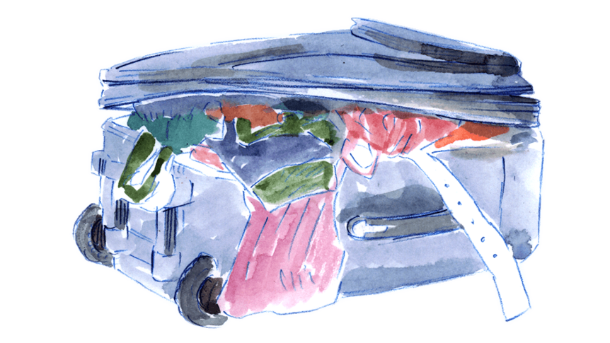 Illustration of an overpacked suitcase, as seen in the Chisolm refuge.