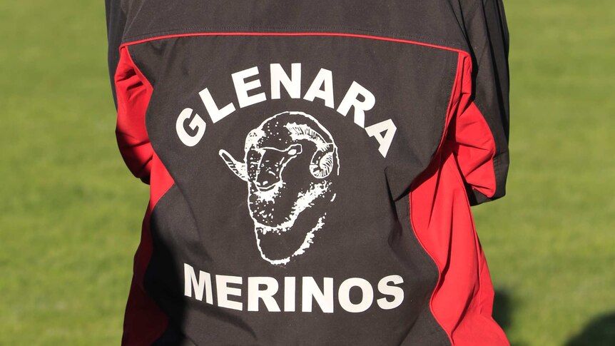 An AFL player, seen from behind, wears an AFL jumper with a Glenara Merinos logo on the back.