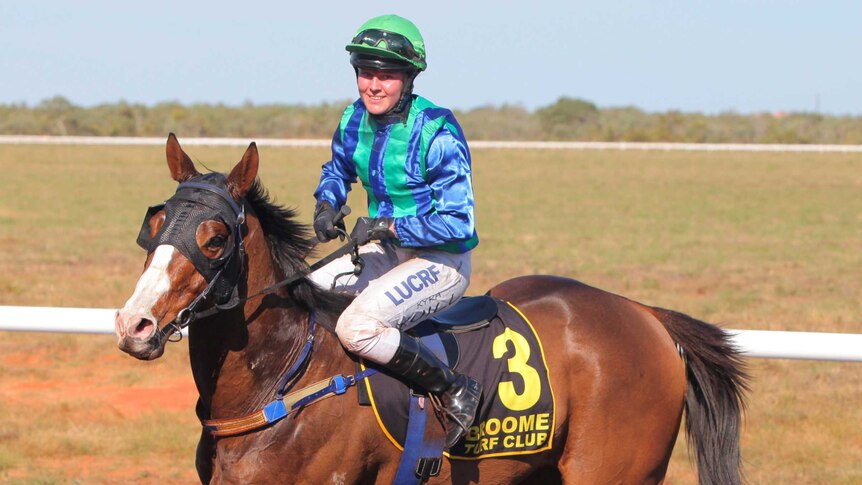 Kyra Yuill after a win on the Chorister, Broome Turf Club 2015.