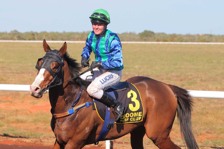 Kyra Yuill after a win on the Chorister, Broome Turf Club 2015.