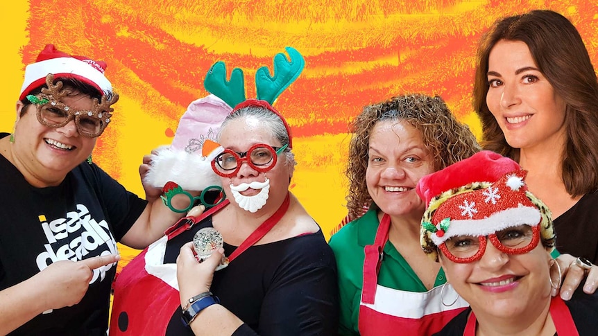 The Murrigellas wearing Christmas costumes, from L-R: Angela, Leesa, Glenda and Jewels, plus Nigella Lawson.