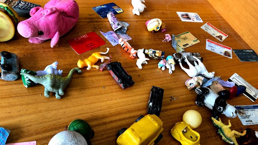 Stuffed toys, toy cars, money and drivers' licences sit upon a wooden bench.