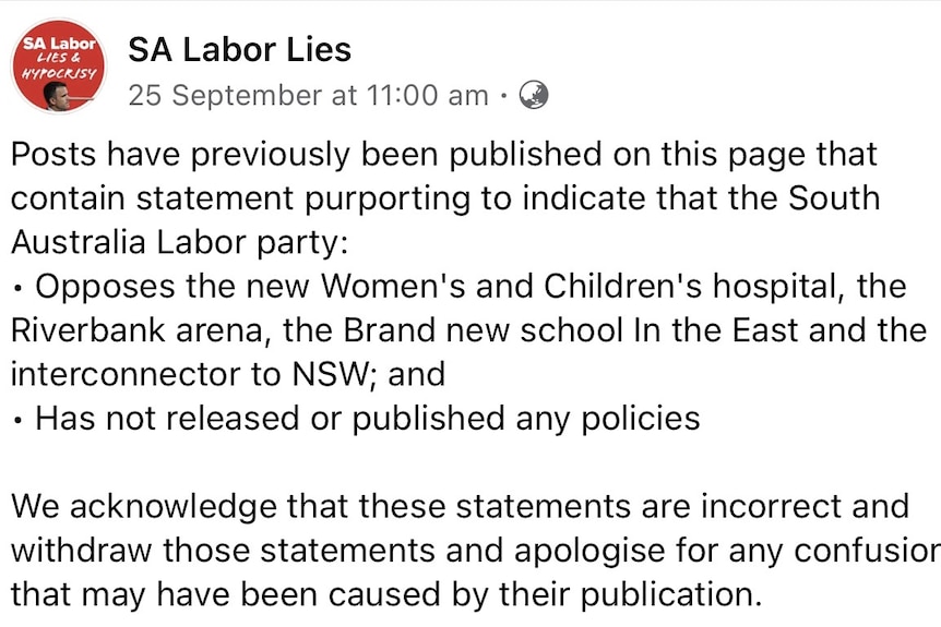 Screenshot of a Facebook post from the SA Labor Lies page, with a written apology