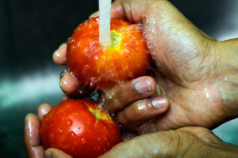 A man washing tomatoes underneath a tap in a sink.