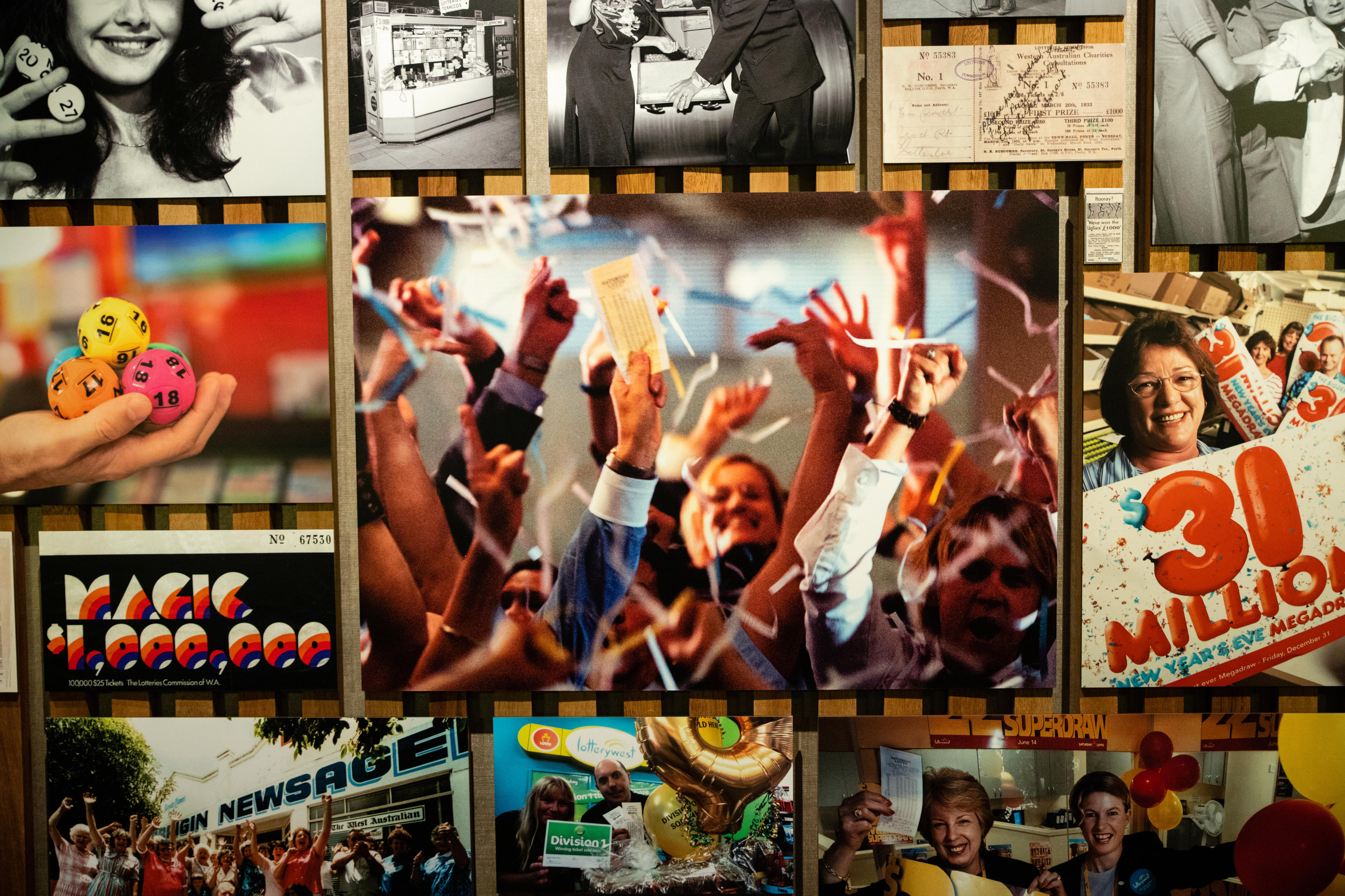 A collection of old photos of people celebrating Lotto wins.