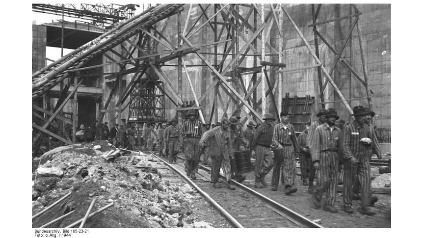Forced labourers working on construction of a submarine bunker in Bremen, Germany.