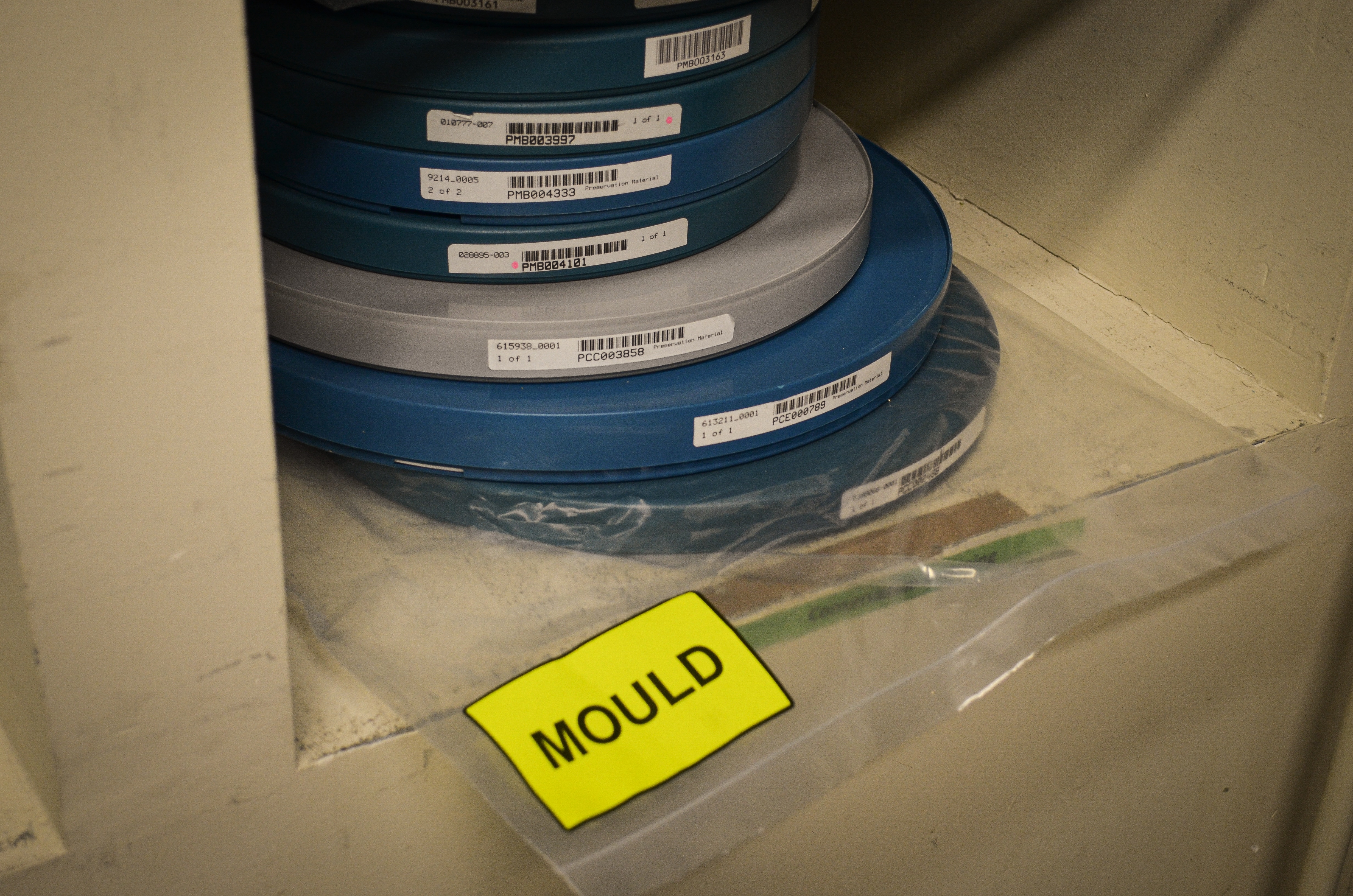 Cans of film reels are piled on a shelf, with one sealed in plastic with a large yellow sticker saying "mould"