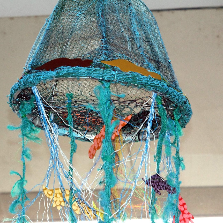 Jellyfish ghost net sculpture on display in the DFAT foyer in Canberra.