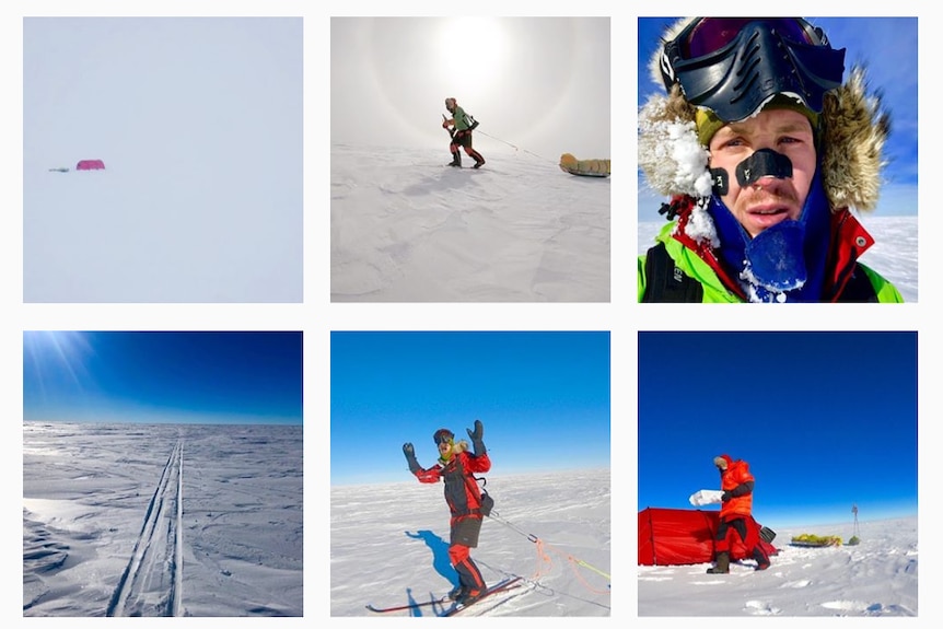 A screen grab from Instagram shows six images of Mr O'Brady walking across the ice.