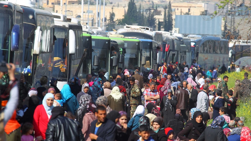 People gather outside a long line of buses