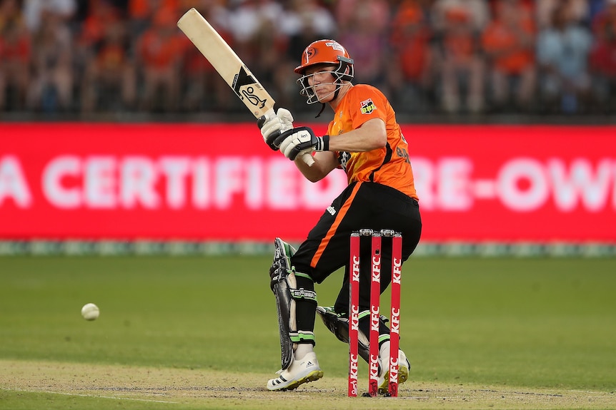 Cameron Bancroft hitting the ball in the qualifier final cricket match between the Scorchers and the Sixers.