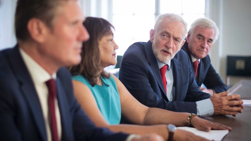 Labour Party members Kier Starmer, Valerie Vaz, Jeremy Corbyn and John McDonnell sit to discuss how to avoid a no-deal Brexit.