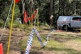 police tape loosely hung, two cars parked amongst bushland.