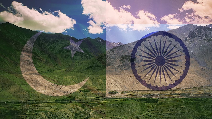 The India and Pakistan flags overlaid a mountainous photo from the region of Kashmir