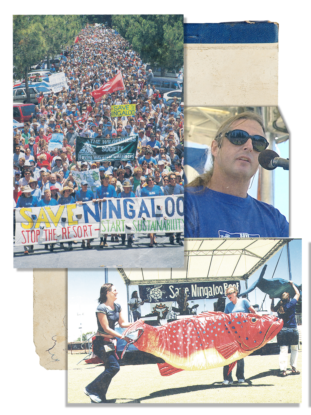 Collage of aged film photographs from 2003 Save Ningaloo rally include large crowds marching and people holding up fish.