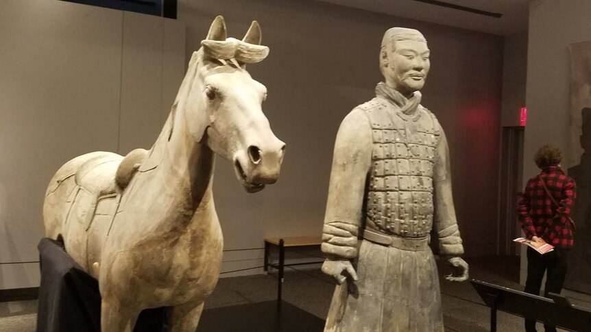 Damaged terracotta warrior in US. Its thumb is missing.