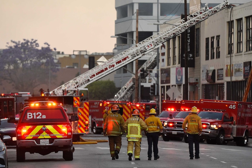 Dozens of fire trucks are at the scene of the blaze in Los Angeles.