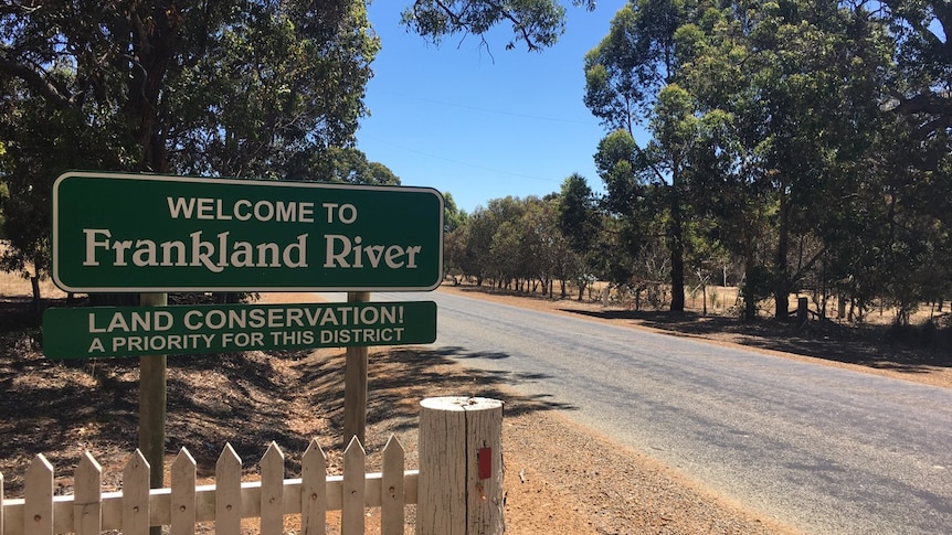 A road sign saying Welcome to Frankland River in WA's south.
