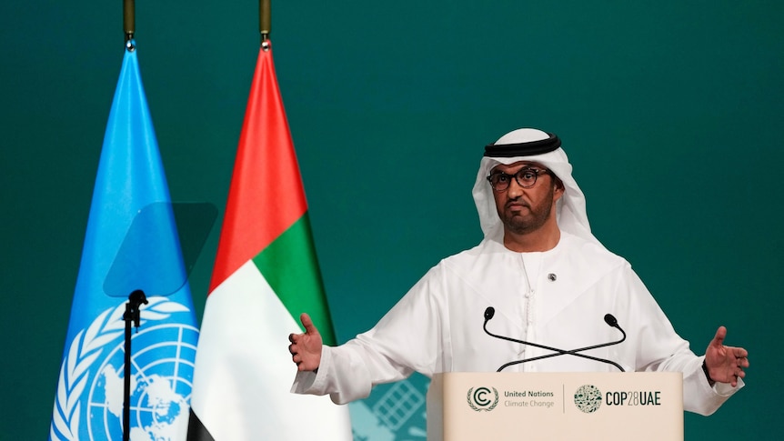 President Sultan al-Jaber speaks during the opening session at the COP28.