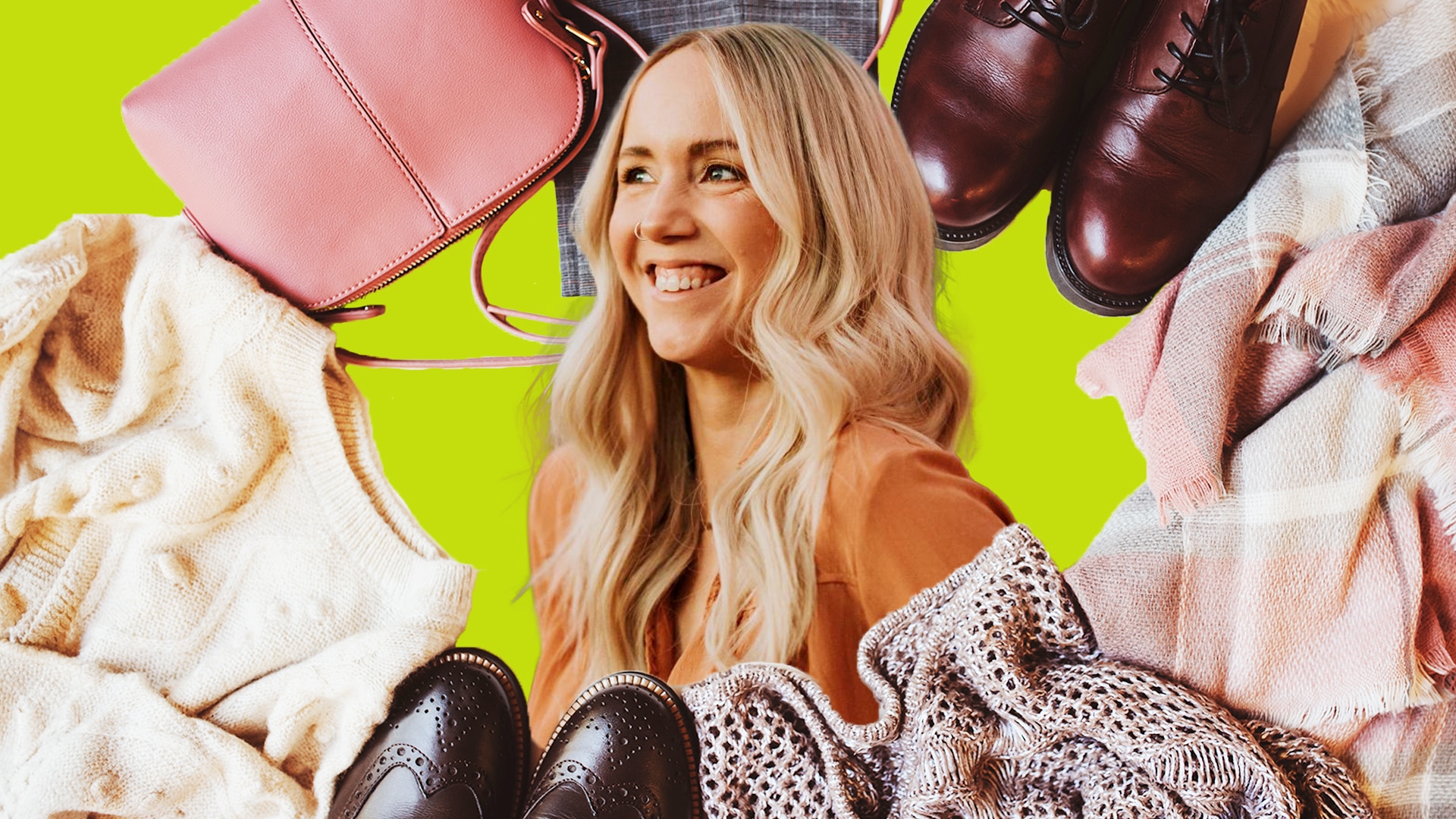 Kellie smiles and looks away from the camera. She wears an orange shirt and is surrounded by clothes, shoes and bag.