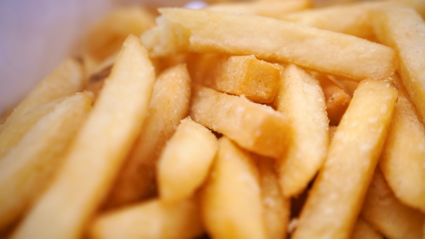 Close up of hot chips from fast food chain Chicken Treat