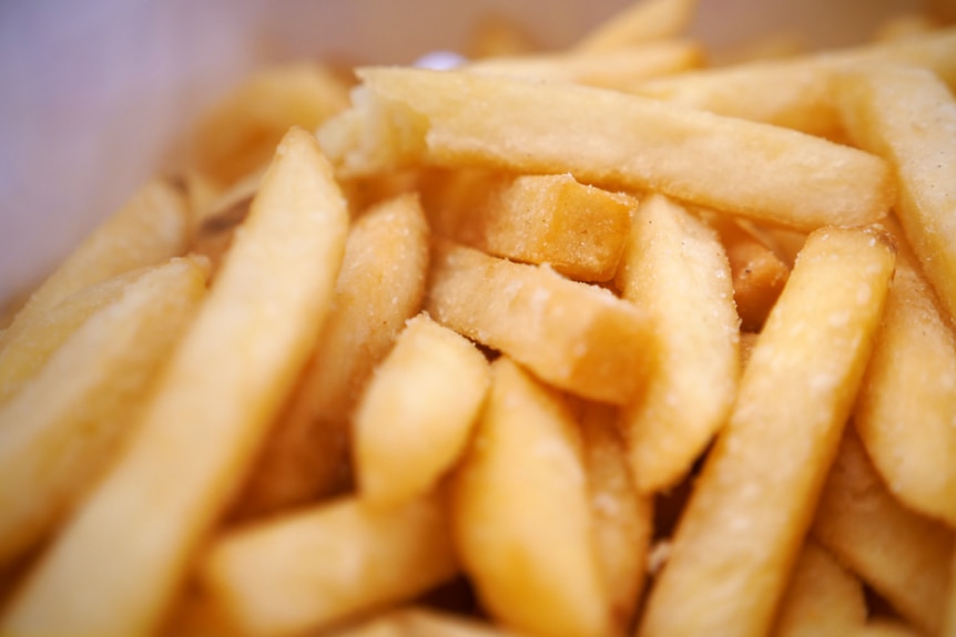 Close up of hot chips from fast food chain Chicken Treat