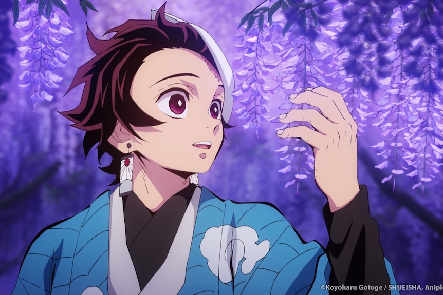 An anime cartoon of a boy holding up his hand, background is purple