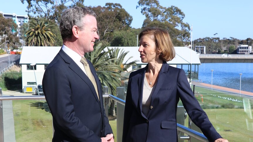 Christopher Pyne and Florence Parly at the Adelaide Convention Centre, overlooking the River Torrens.