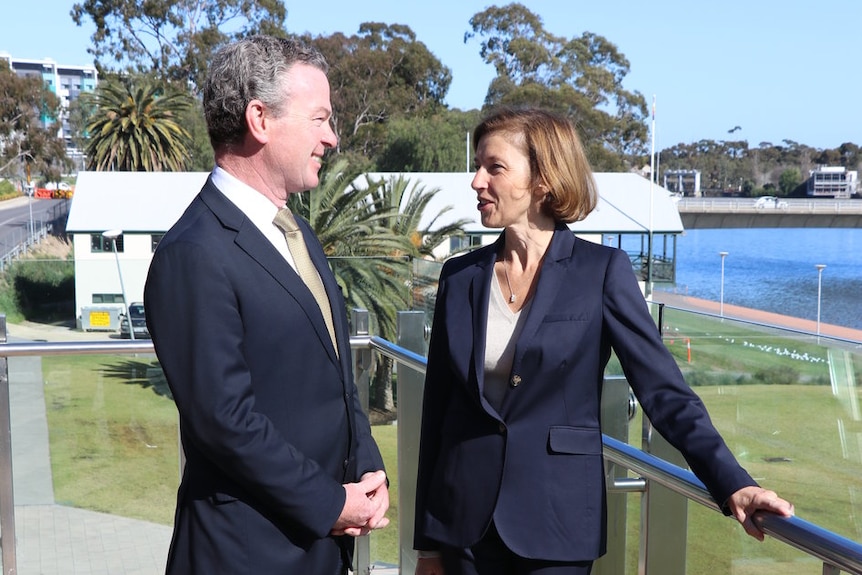 Christopher Pyne and Florence Parly at the Adelaide Convention Centre, overlooking the River Torrens.