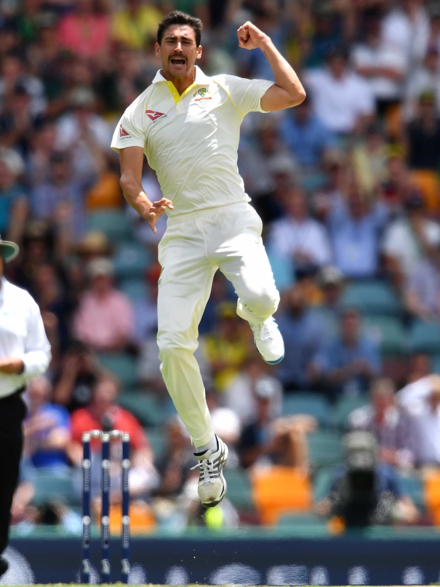 Mitchell Starc of Australia celebrates after claiming the wicket of Alastair Cook