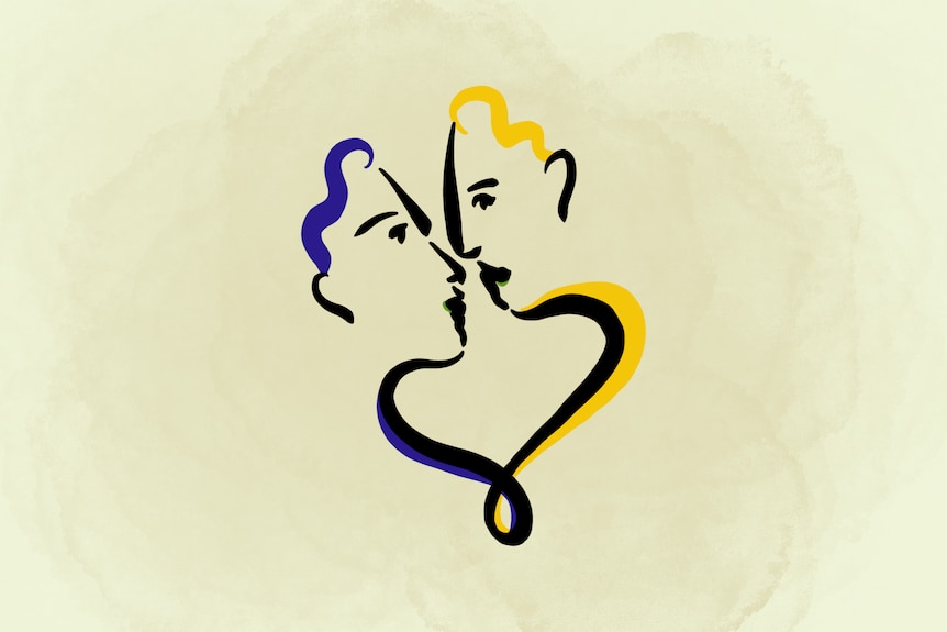 Purple and yellow sketch-style illustration of two faces pressed against each other.