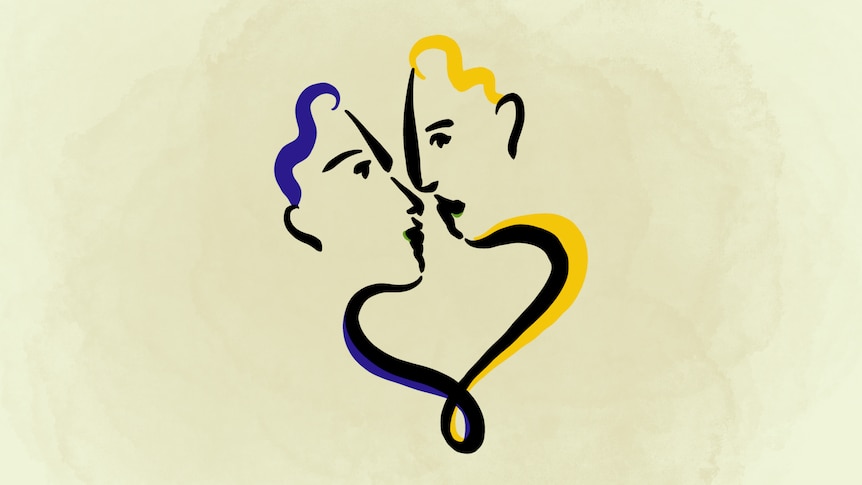 Purple and yellow sketch-style illustration of two faces pressed against each other.