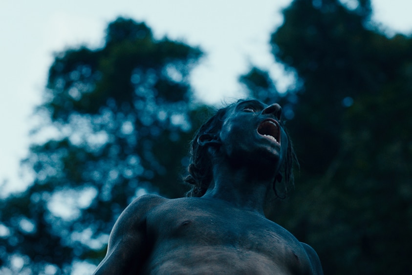 A dreadlocked shirtless teen boy covered in black paint stands shouting up at blue tinted dusk sky in the wilderness.